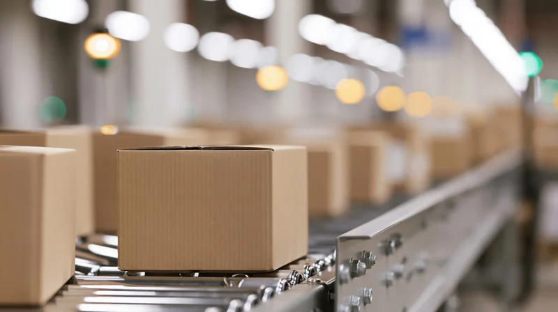 Cardboard boxes moving along a metal roller conveyor in a warehouse