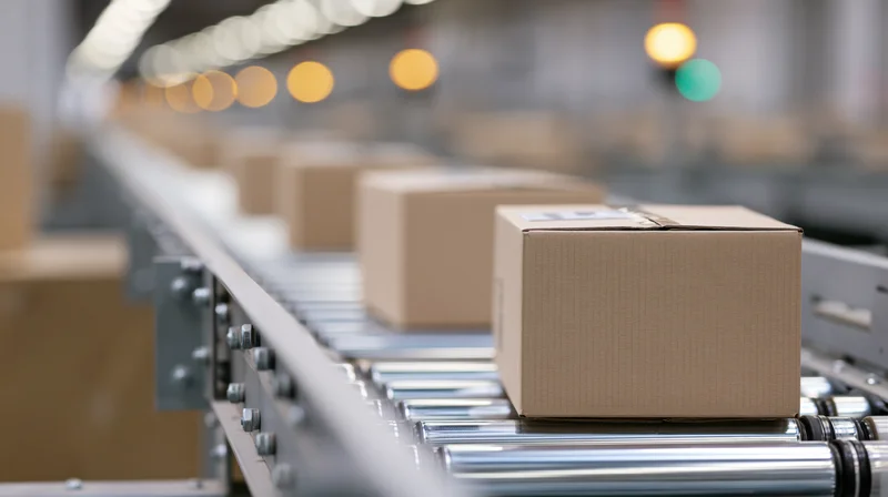 Cardboard boxes moving along a metal roller conveyor in a warehouse