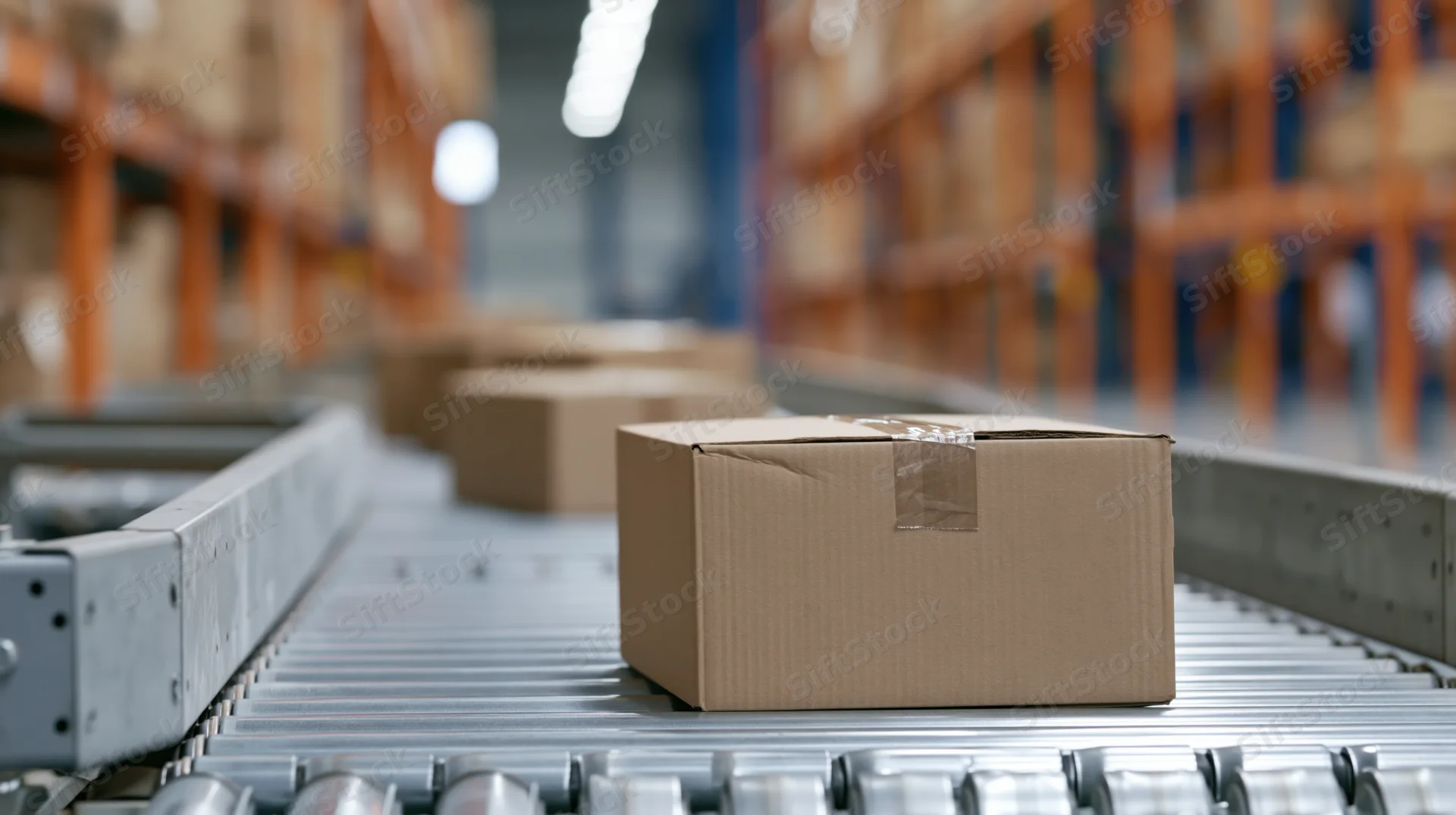 Cardboard box moving along metal roller conveyor in warehouse