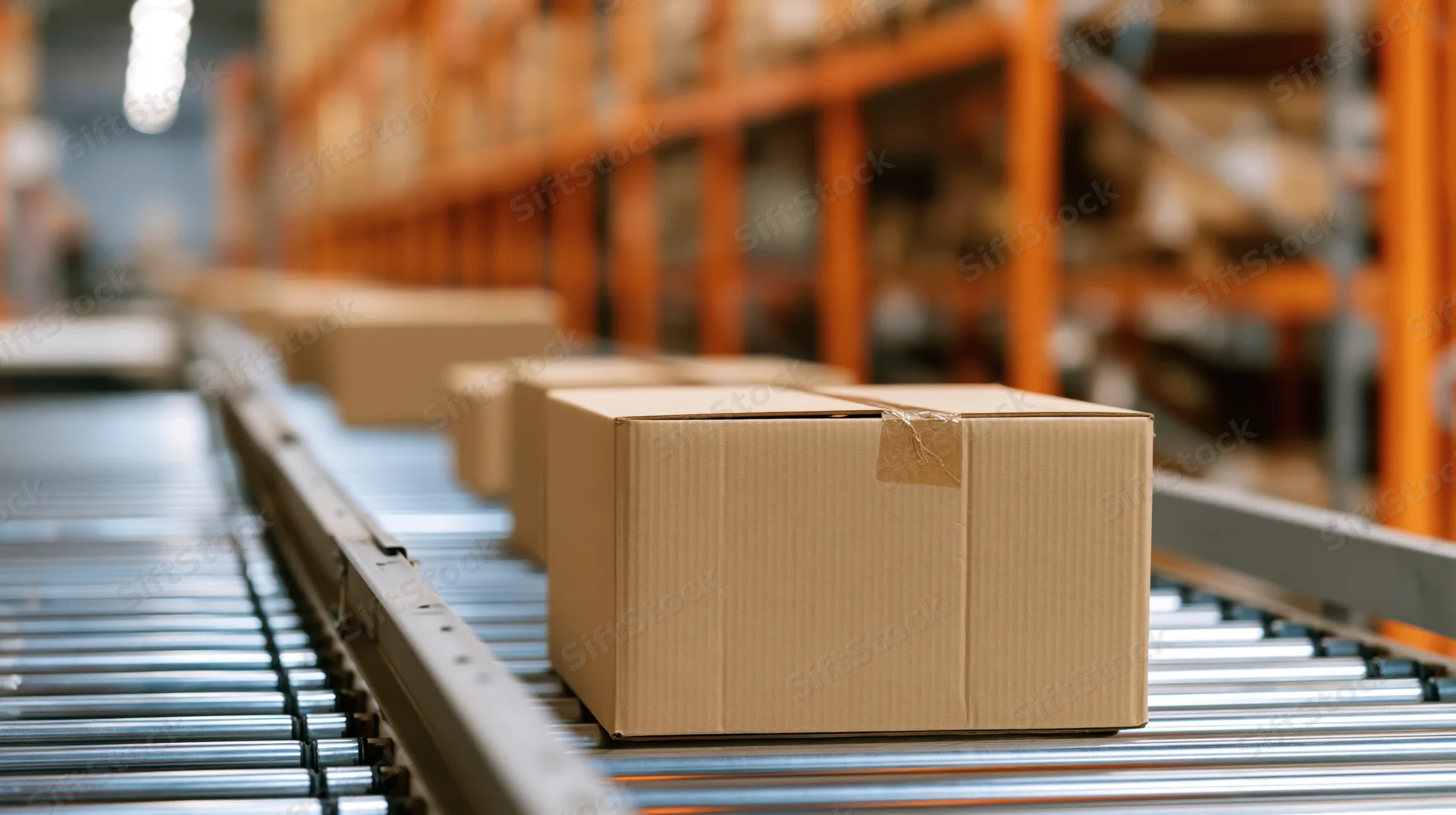 Cardboard boxes moving along metal roller conveyor in warehouse
