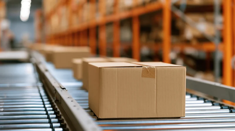 Cardboard boxes moving along metal roller conveyor in warehouse