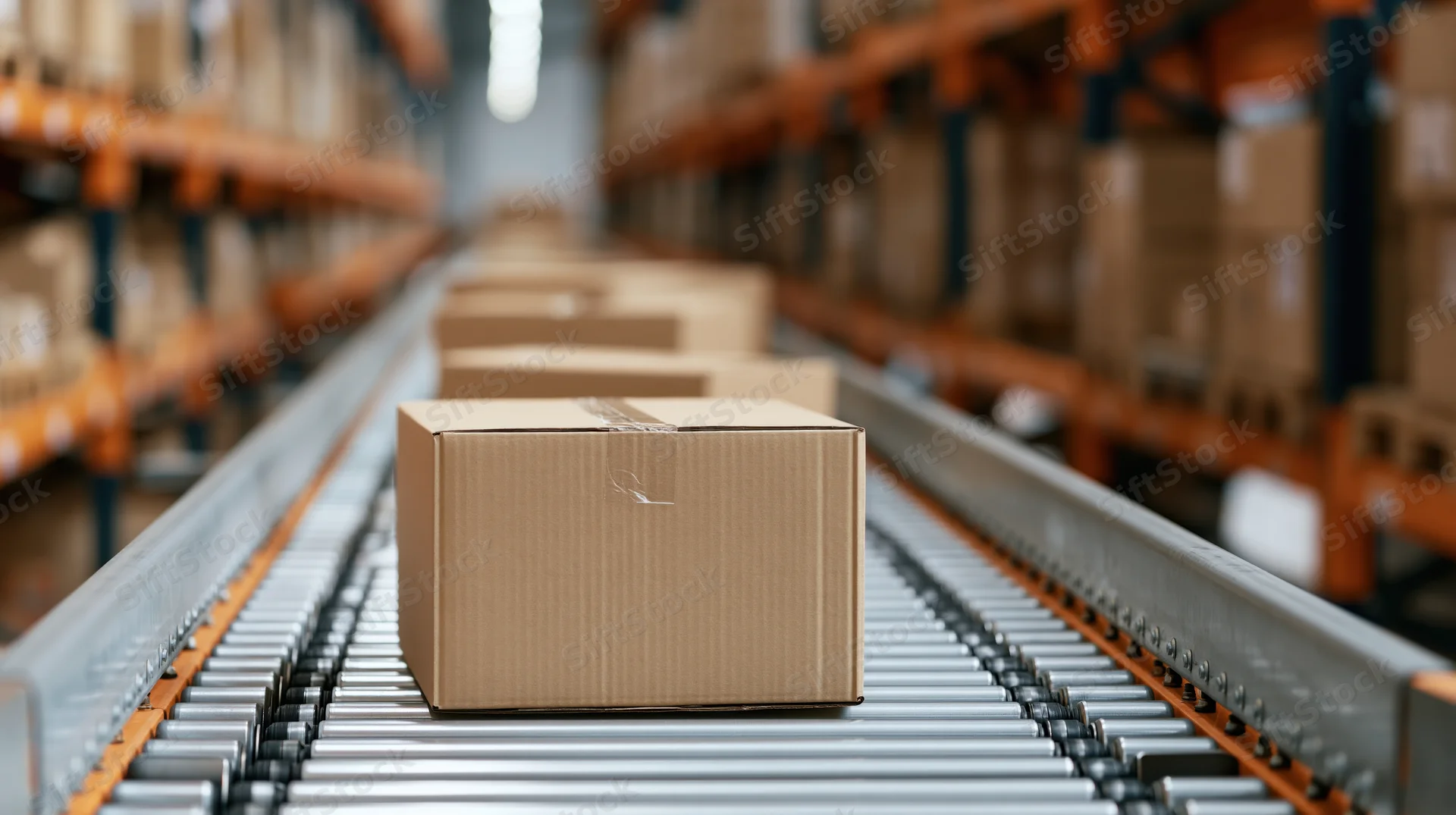 Cardboard box moving along metal roller conveyor in warehouse