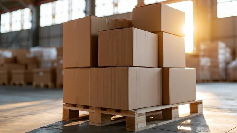 Stacked cardboard boxes on wooden pallet in warehouse interior