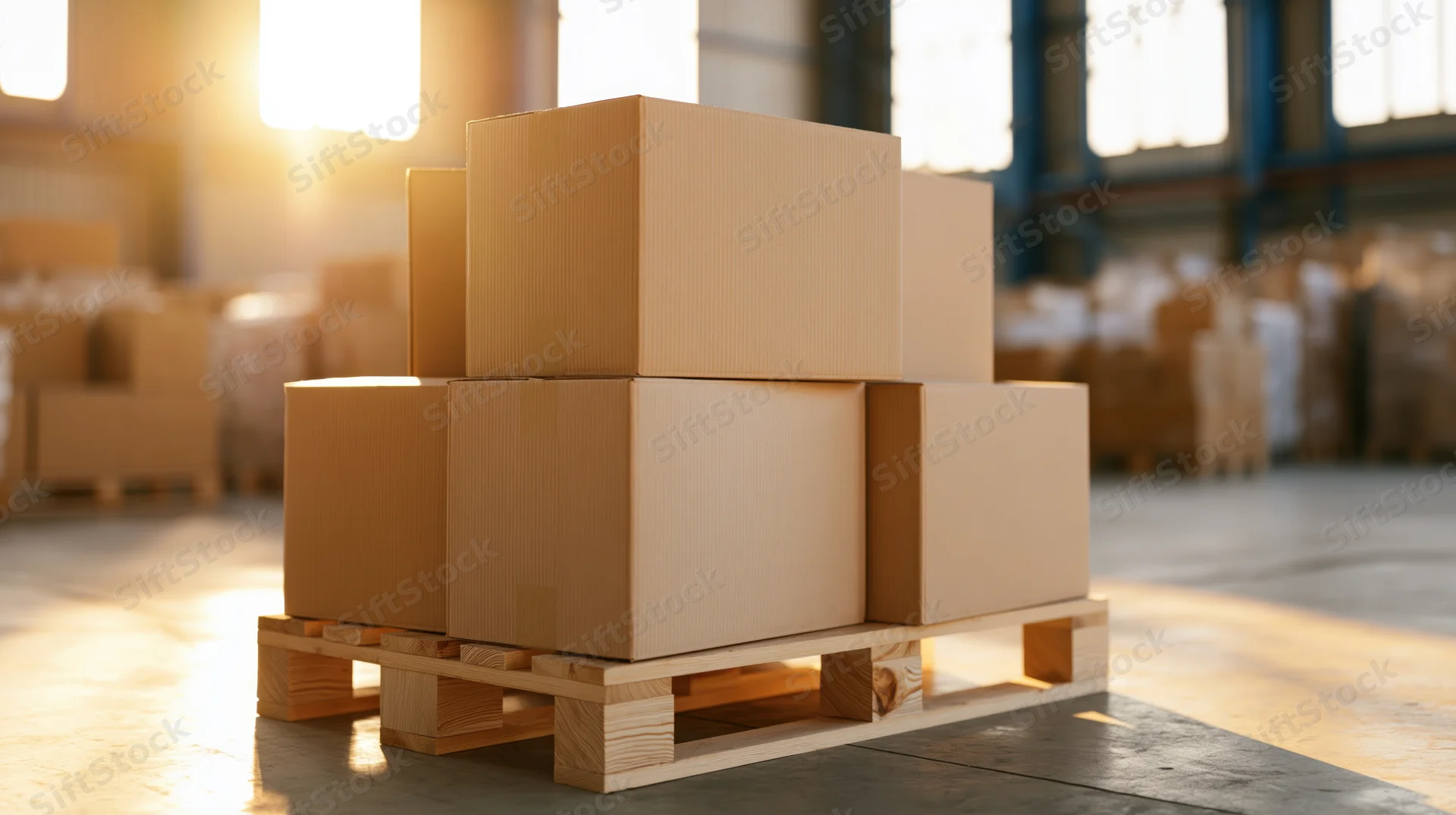 Stacked cardboard boxes on wooden pallet in warehouse interior