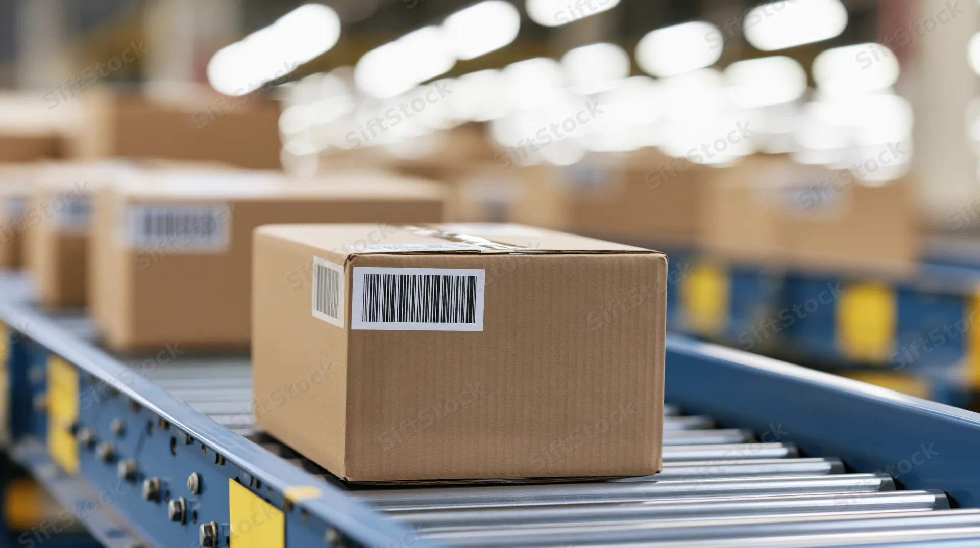 Cardboard boxes with barcode labels moving along a conveyor belt in a warehouse