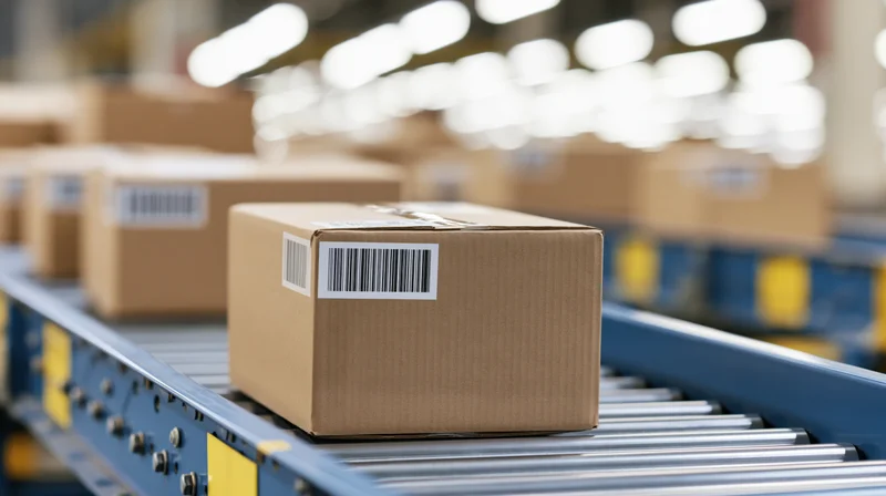Cardboard boxes with barcode labels moving along a conveyor belt in a warehouse