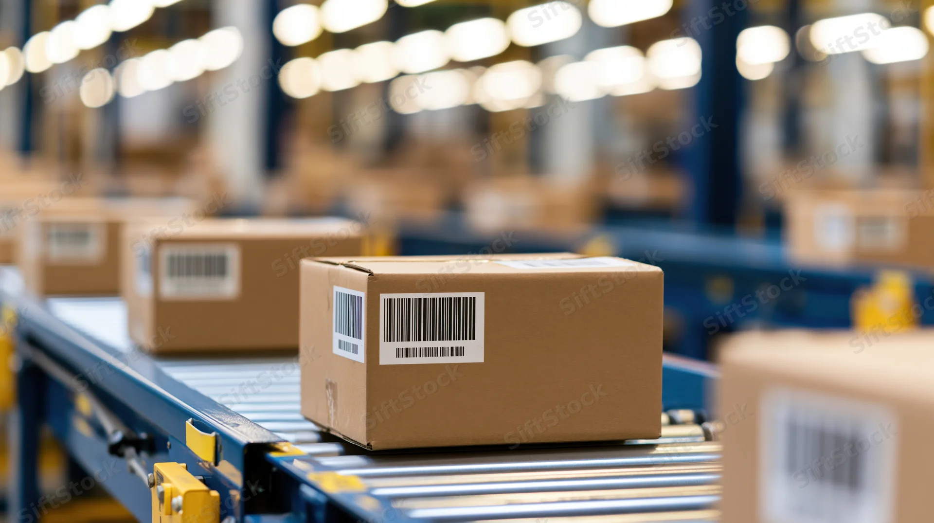 Cardboard boxes with barcode labels moving along a conveyor belt in a warehouse