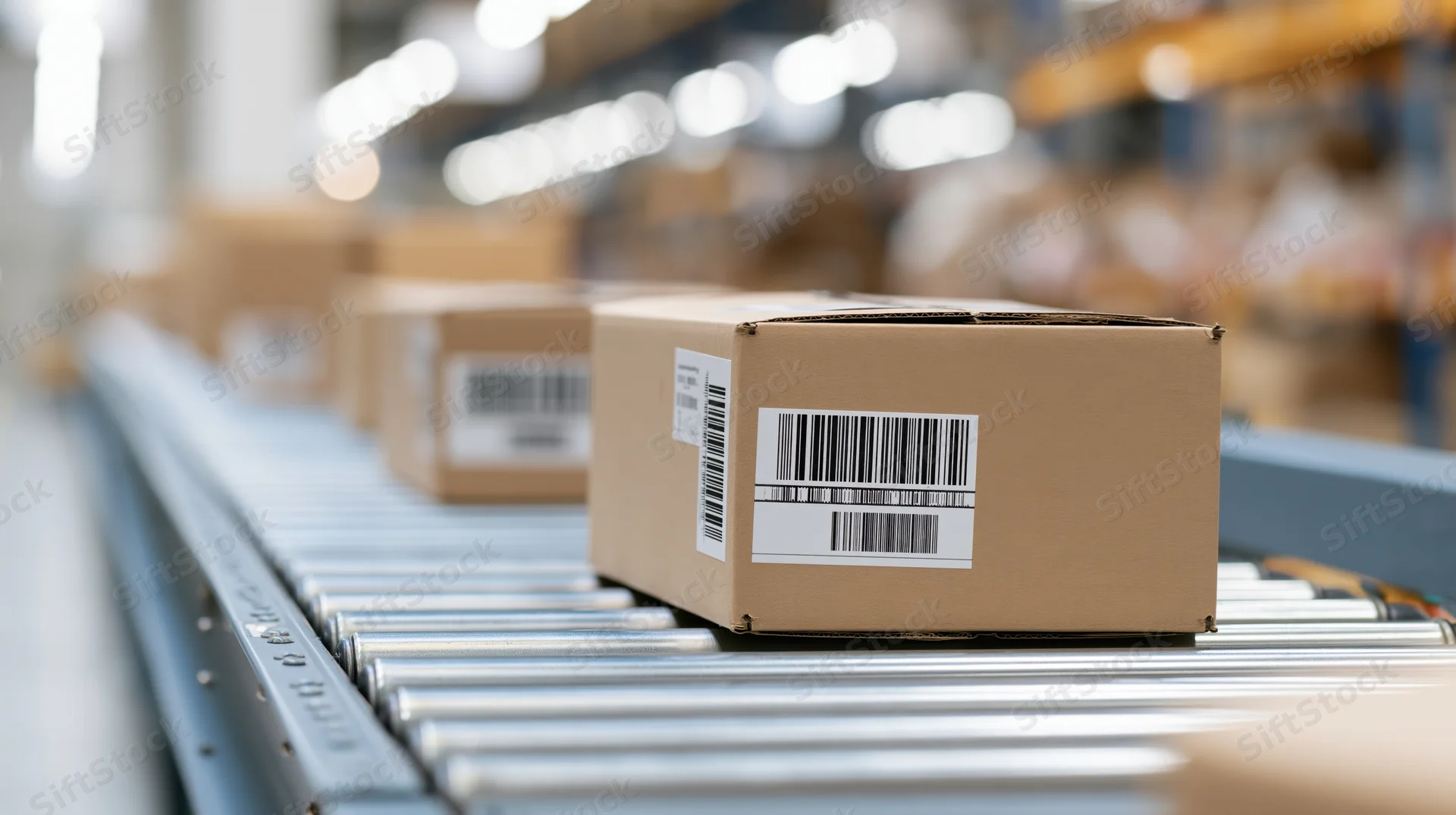 Cardboard boxes moving on a conveyor belt in a warehouse