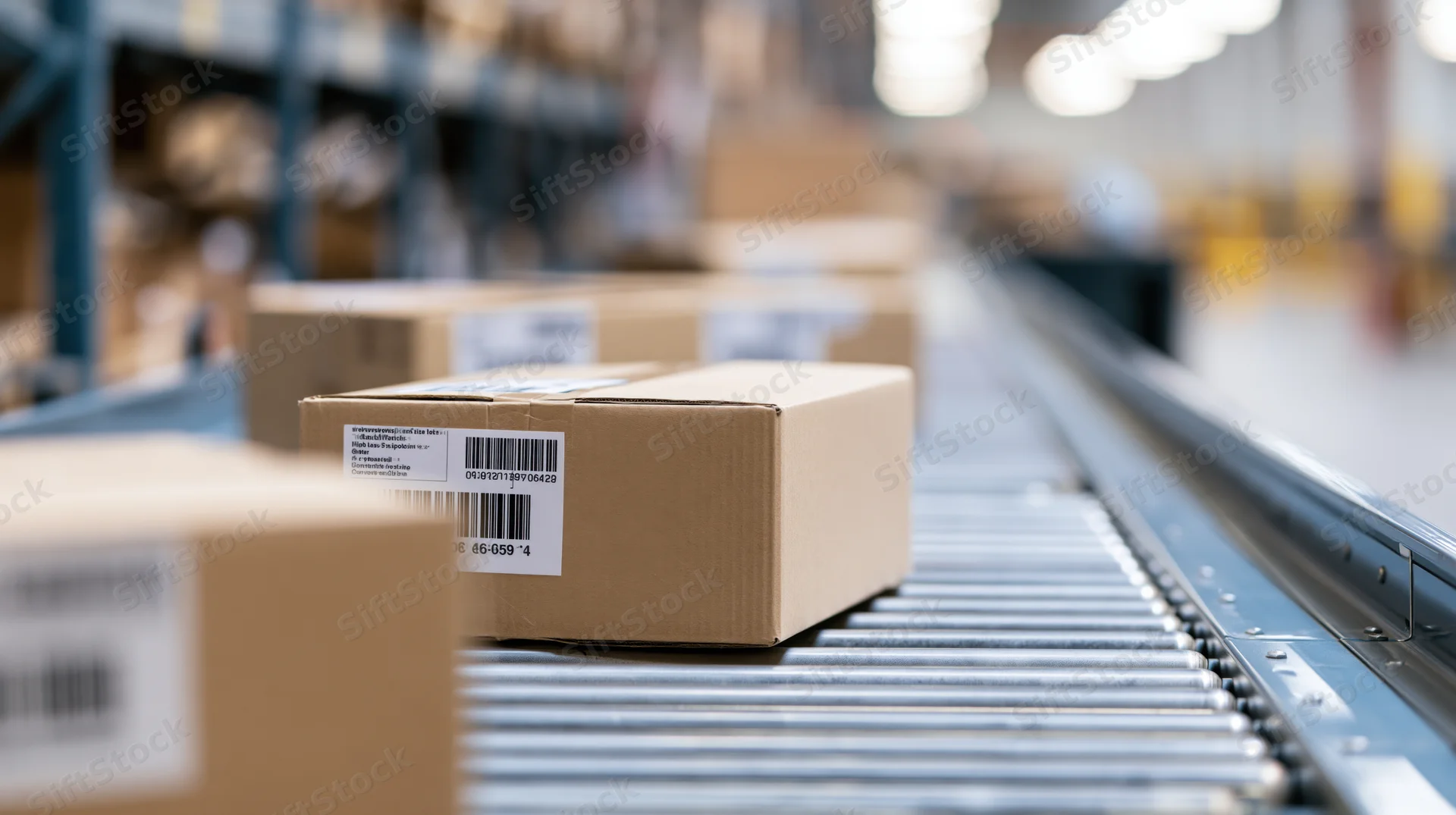 Cardboard boxes moving on a conveyor belt in a warehouse