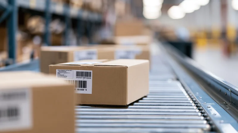 Cardboard boxes moving on a conveyor belt in a warehouse