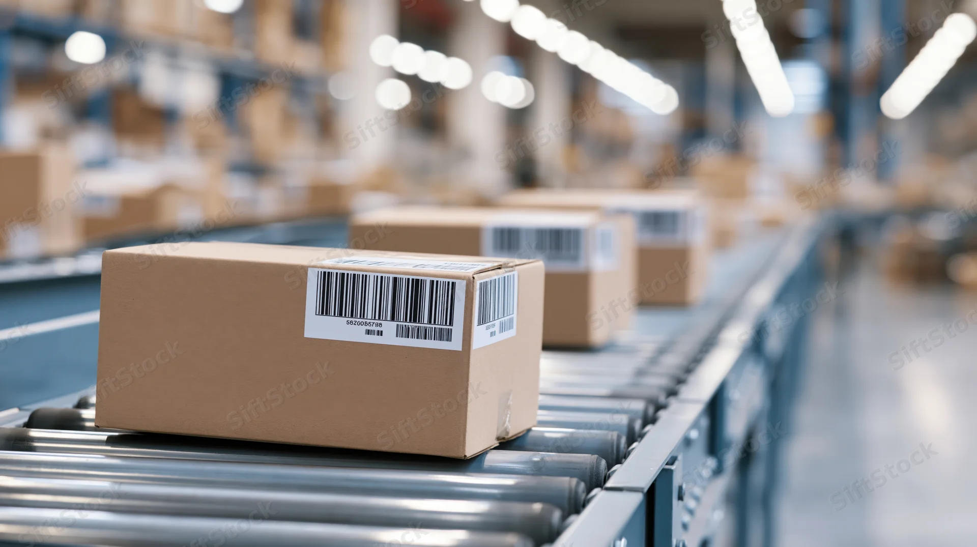 Cardboard boxes with barcodes moving on a conveyor belt in a warehouse