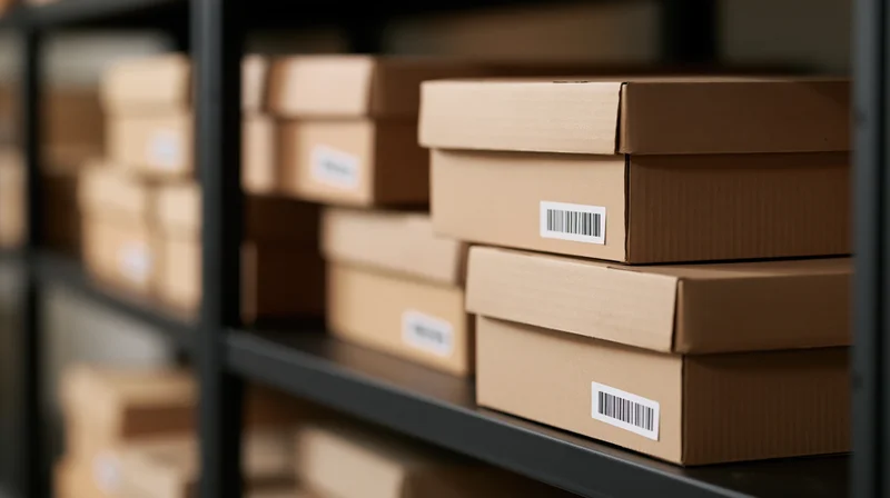Stacked cardboard shipping boxes on metal shelves in a warehouse