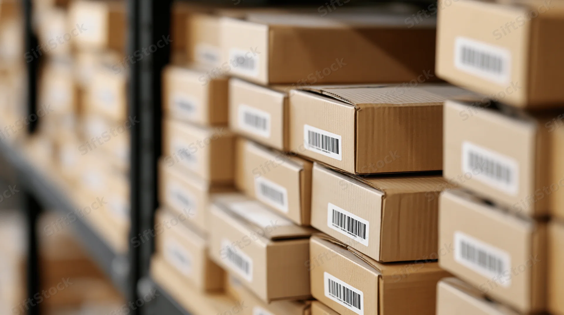 Stacked cardboard shipping boxes on metal shelves in a warehouse