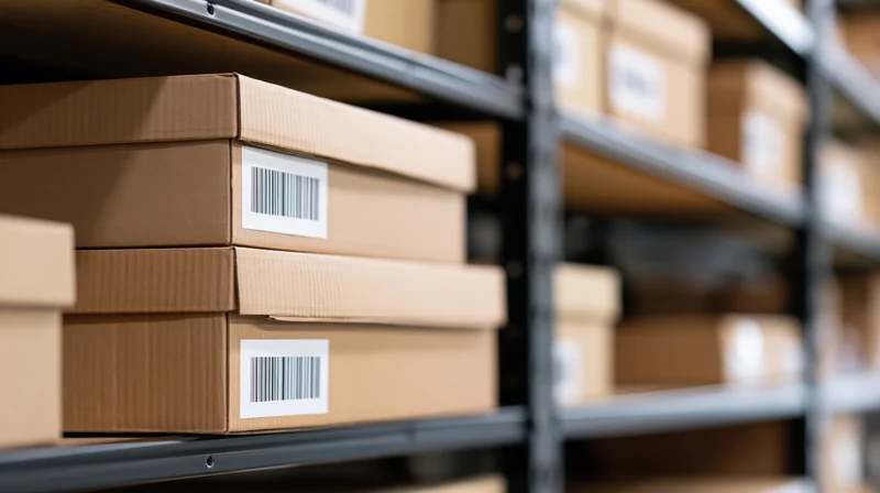 Cardboard boxes with barcode labels stacked on metal shelves in a warehouse