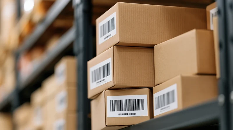 Cardboard shipping boxes stacked on metal shelving in a warehouse storage area
