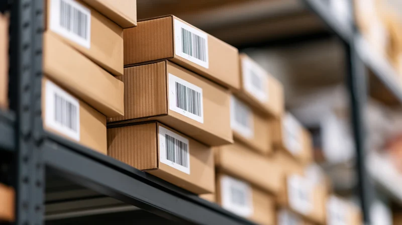 Cardboard shipping boxes stacked on metal shelves in a warehouse