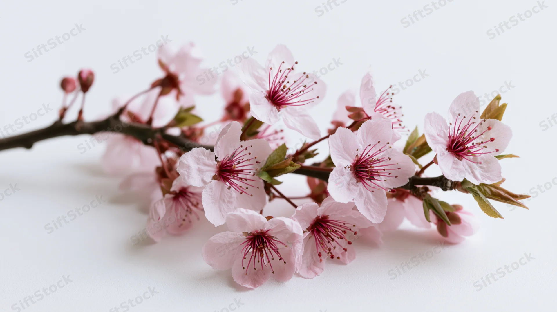 Cherry blossom branch with open pink flowers and buds on white background