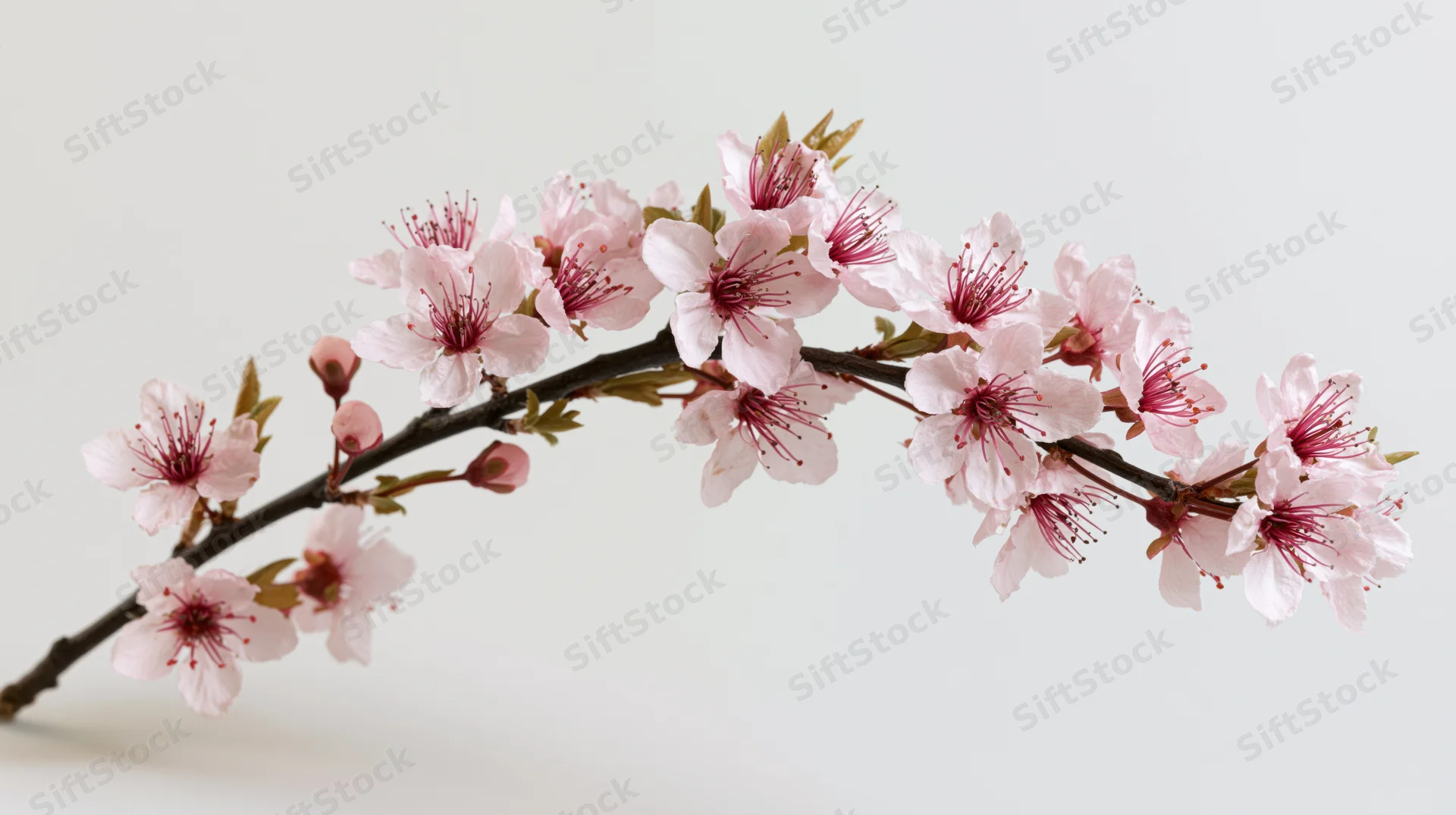 Cherry blossom branch with open pink sakura flowers and buds on a plain white background