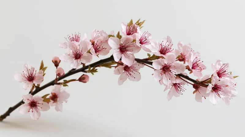 Cherry blossom branch with open pink sakura flowers and buds on a plain white background