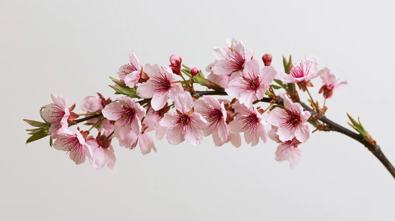 Cherry blossom branch with open pink flowers and buds against a plain white background