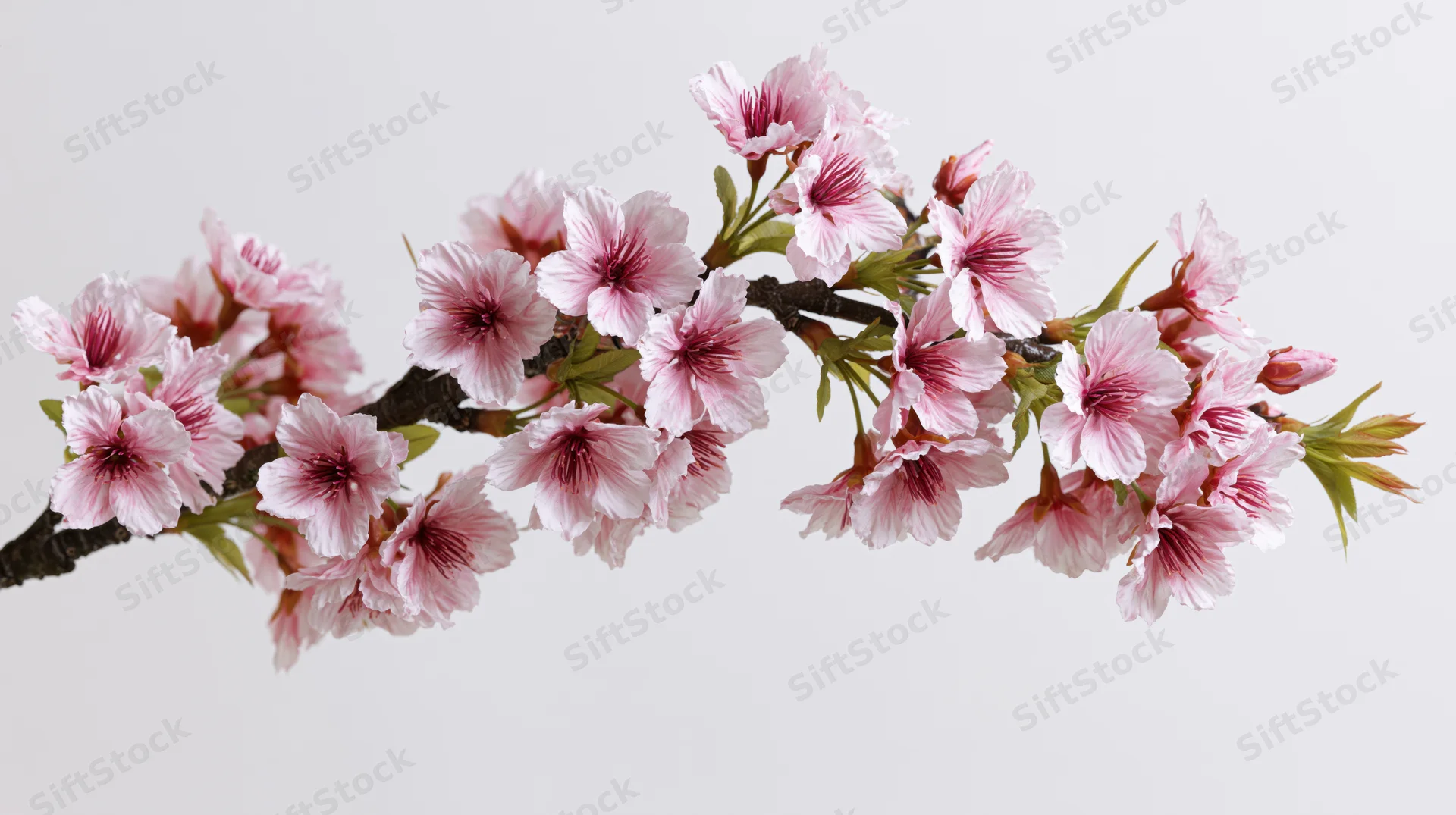 Cherry blossom branch with open pink sakura flowers against a plain white background