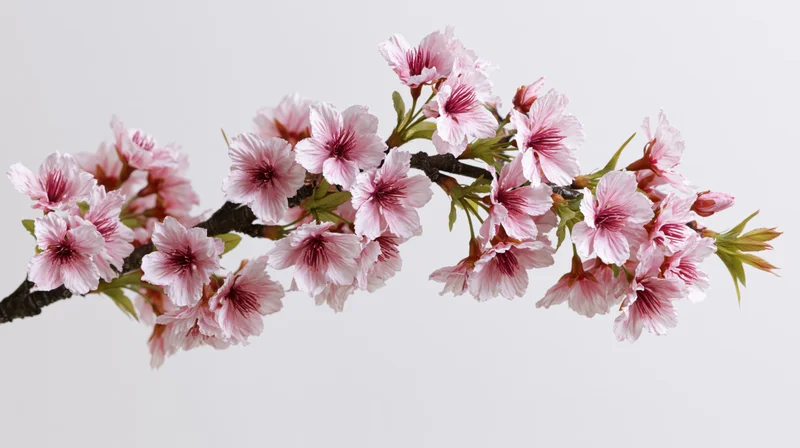 Cherry blossom branch with open pink sakura flowers against a plain white background