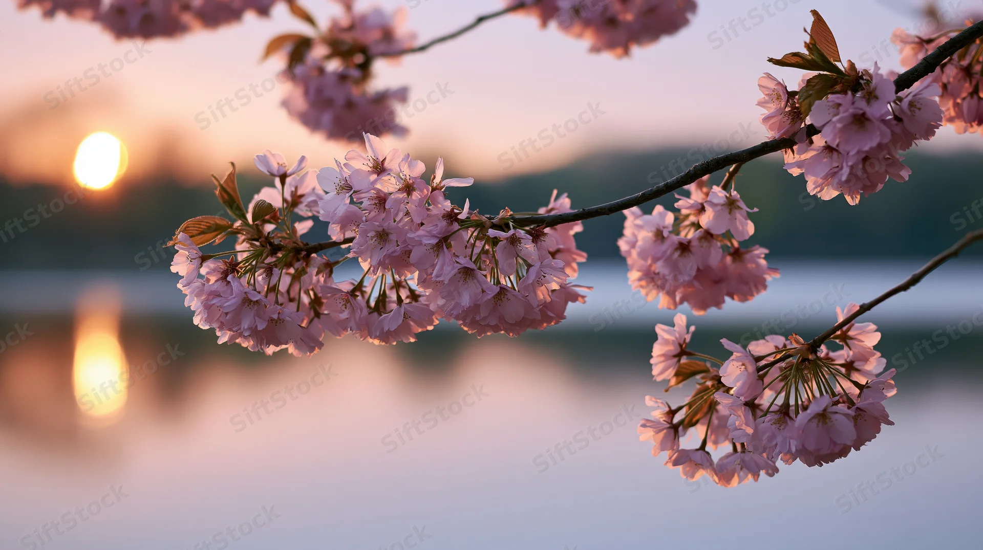 Cherry blossom branch with pink flowers extending over a lake at sunset