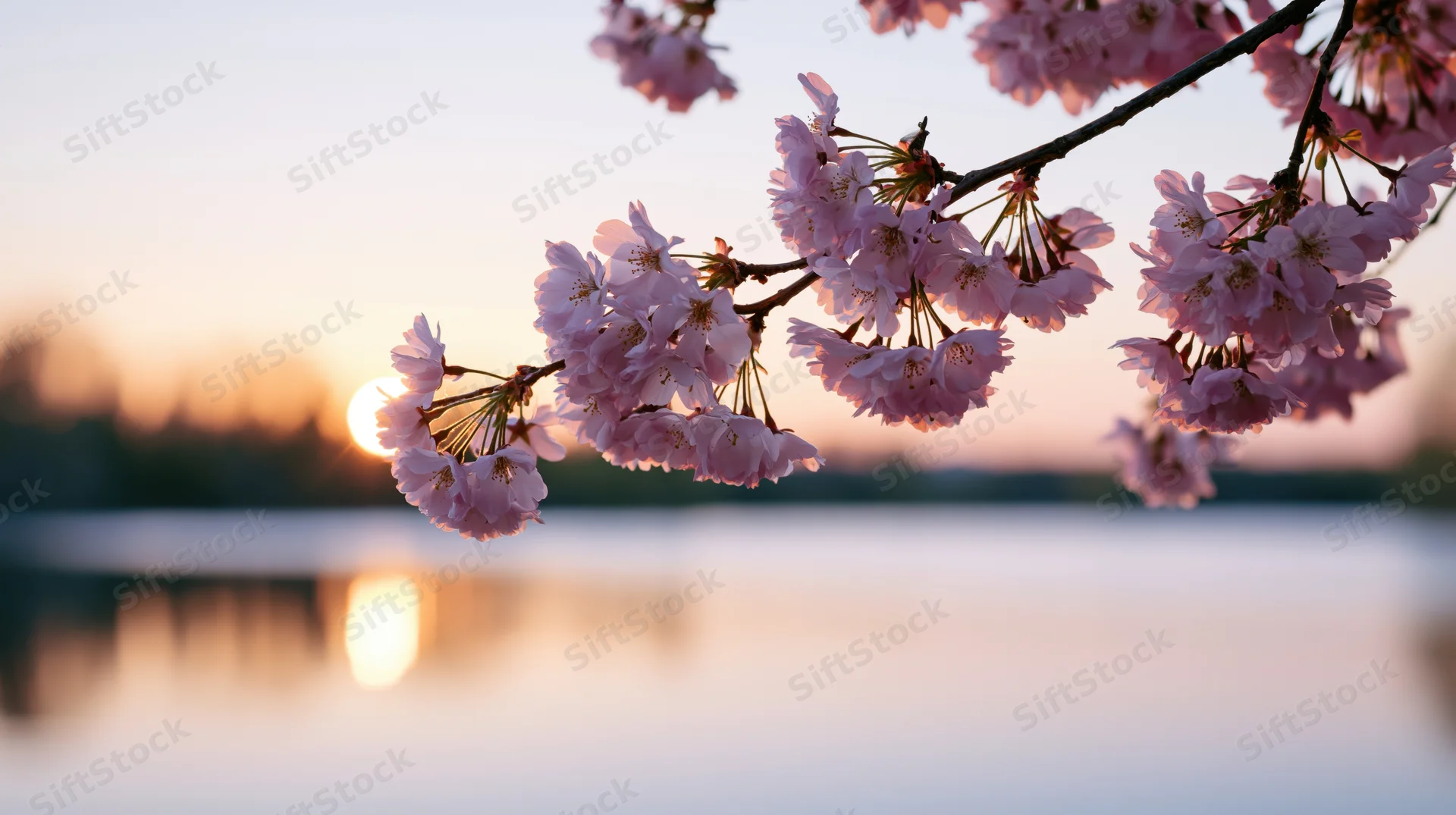 Cherry blossom branch with pink flowers extending over a lake at sunset