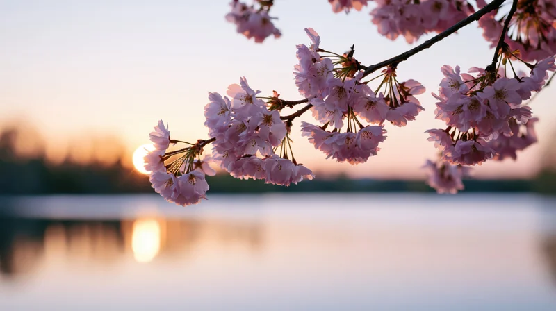 Cherry blossom branch with pink flowers extending over a lake at sunset