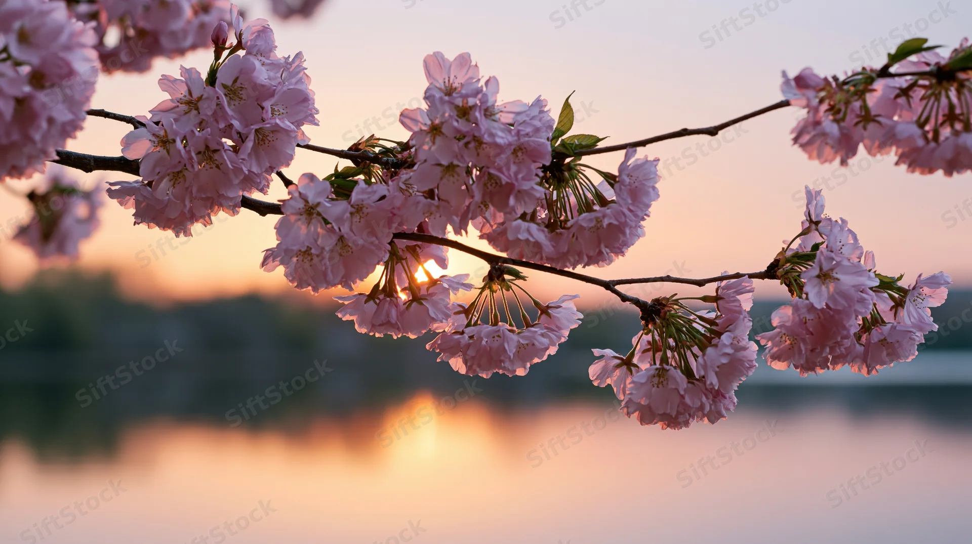 Cherry blossom branch with pink flowers blooming at sunset over water
