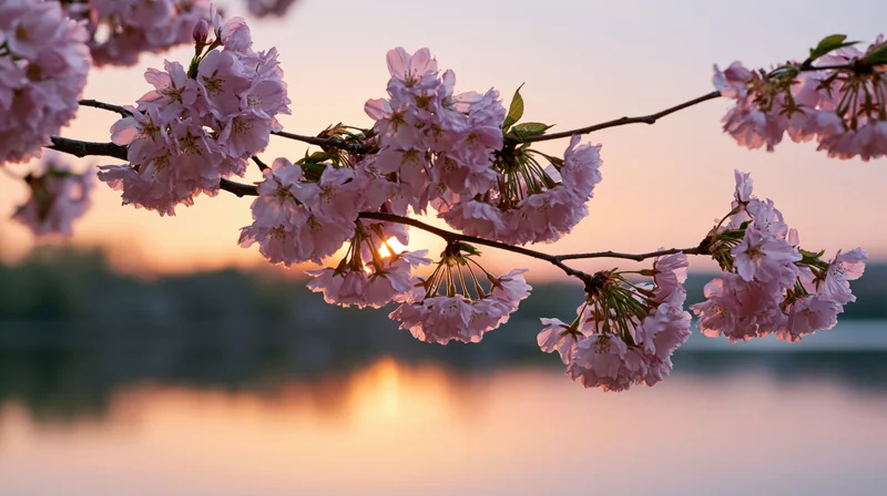 Cherry blossom branch with pink flowers blooming at sunset over water