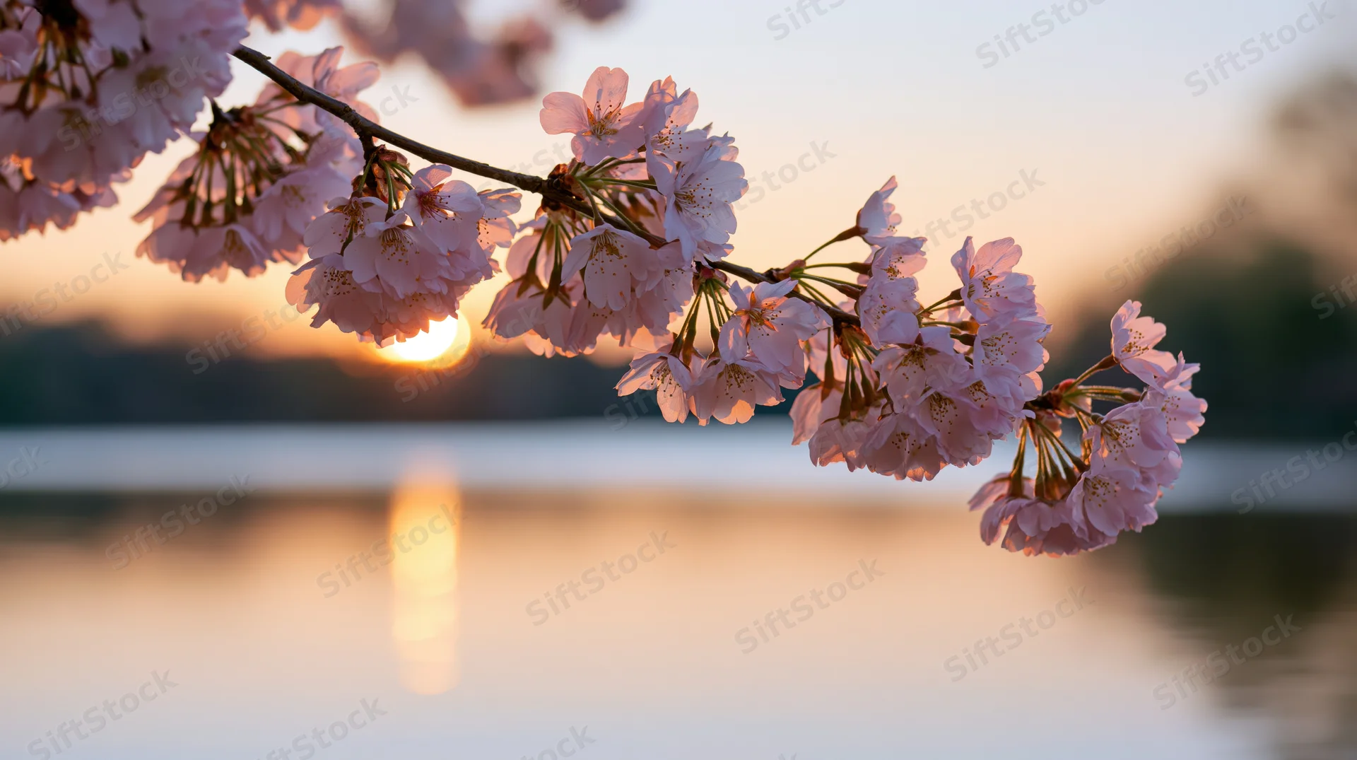 Cherry blossom branch with pink flowers extending over water at sunset