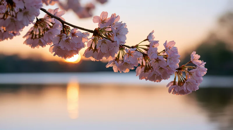 Cherry blossom branch with pink flowers extending over water at sunset
