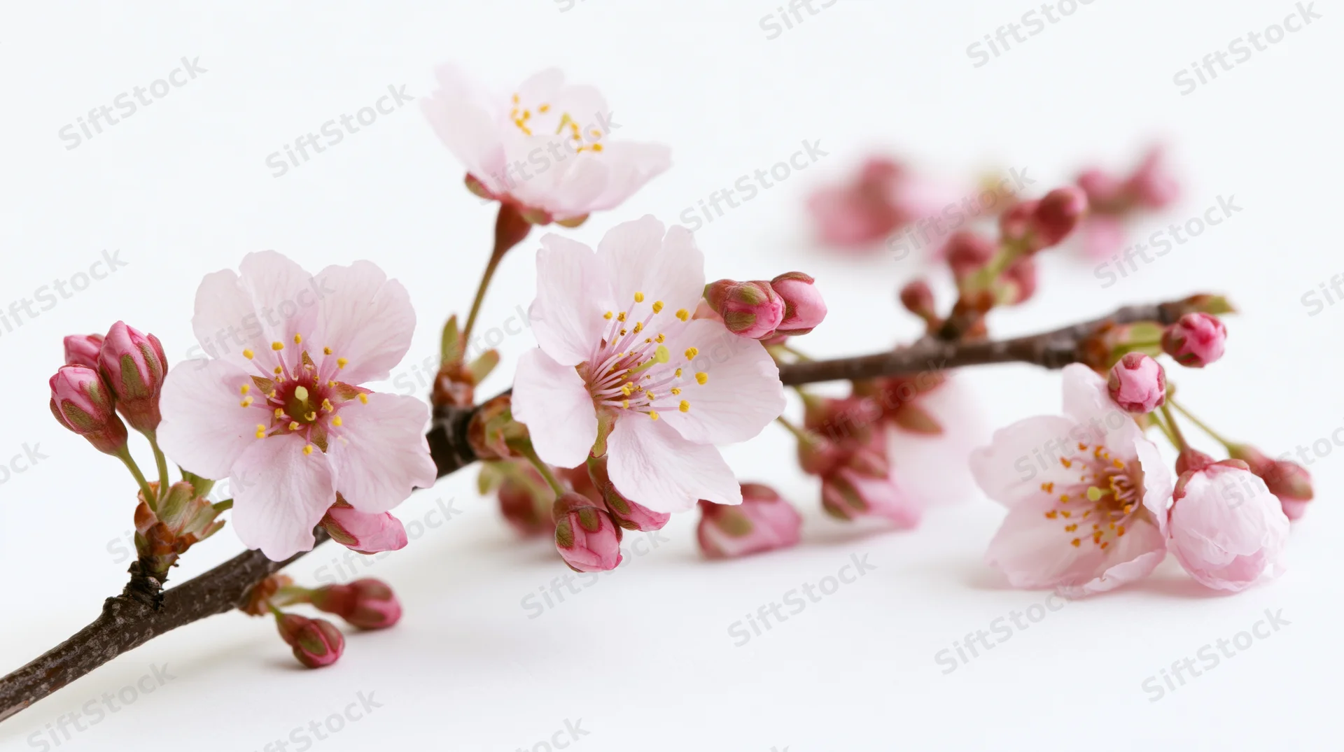 Cherry blossom branch with open pink flowers and buds on white background