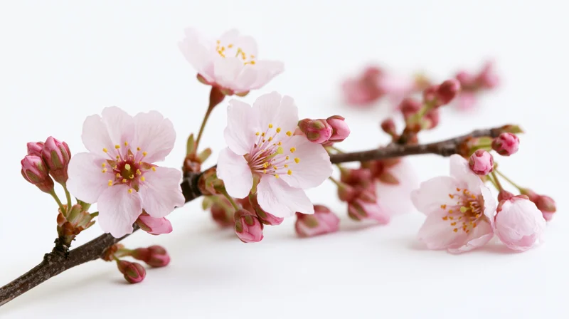 Cherry blossom branch with open pink flowers and buds on white background
