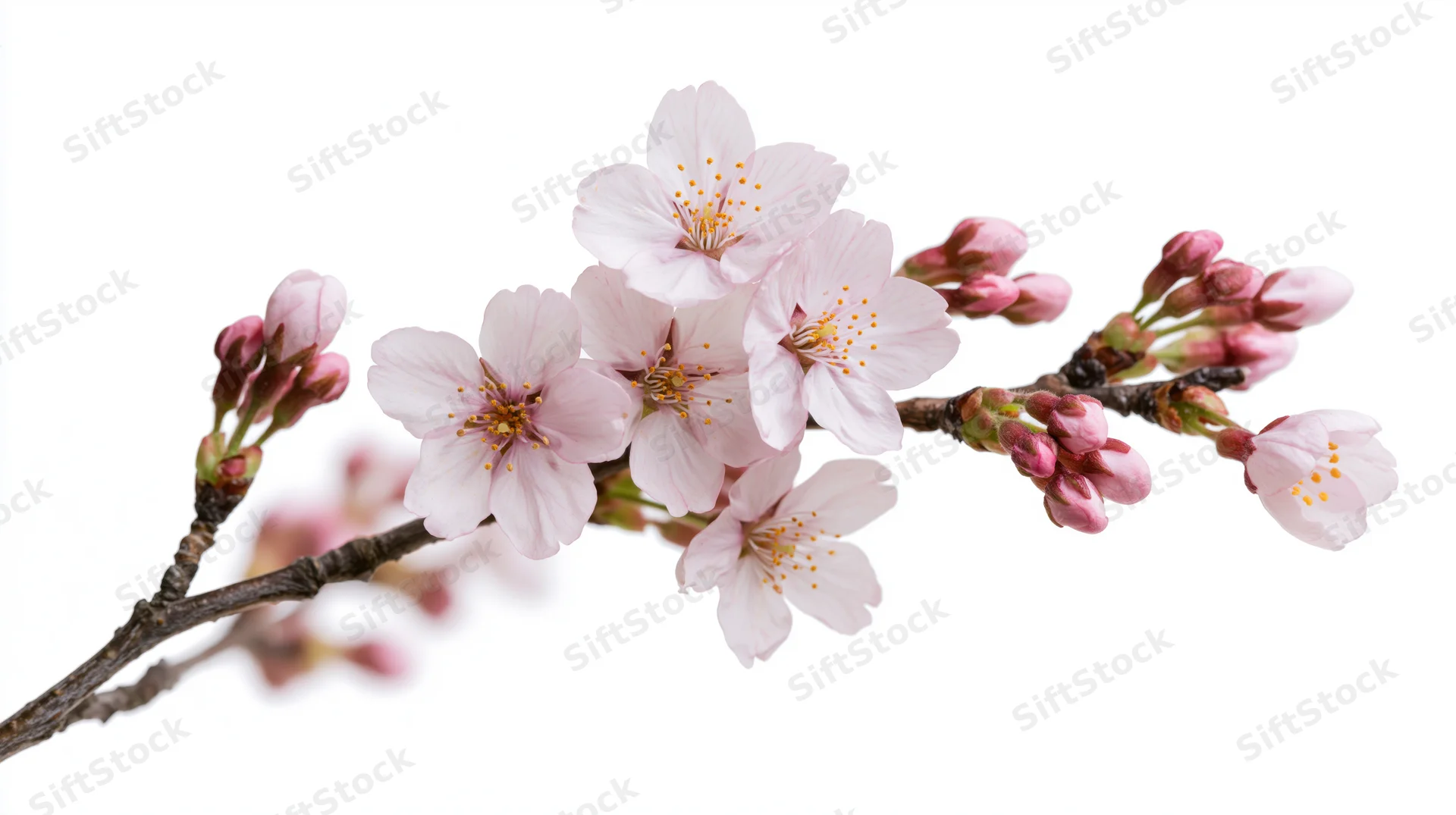 Cherry blossom branch with open pink flowers and buds isolated on white background