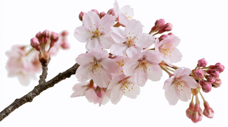 Cherry blossom branch with open pink flowers and buds on white background