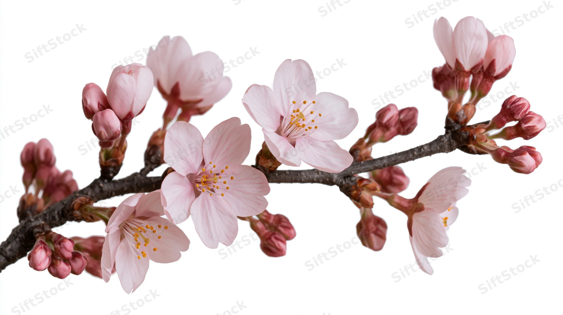 Cherry blossom branch with open pink flowers and buds isolated on white background