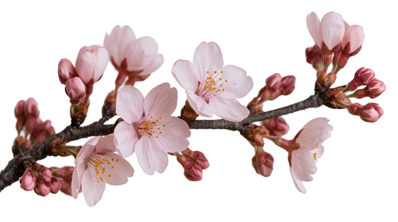 Cherry blossom branch with open pink flowers and buds isolated on white background