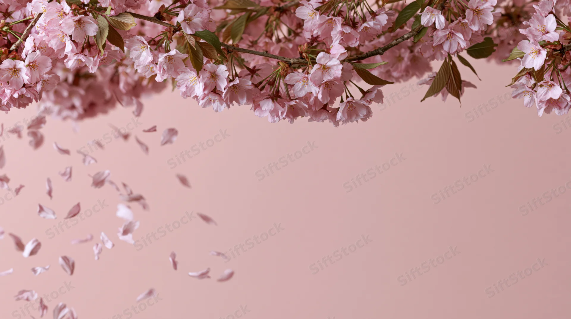 Cherry blossom branches arching across the top with petals falling against a soft pink background