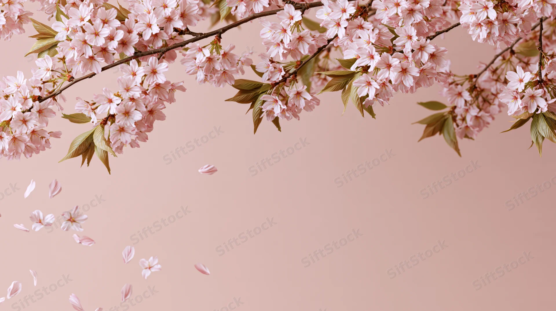 Cherry blossom branches arching across the top with petals falling against a soft pink background