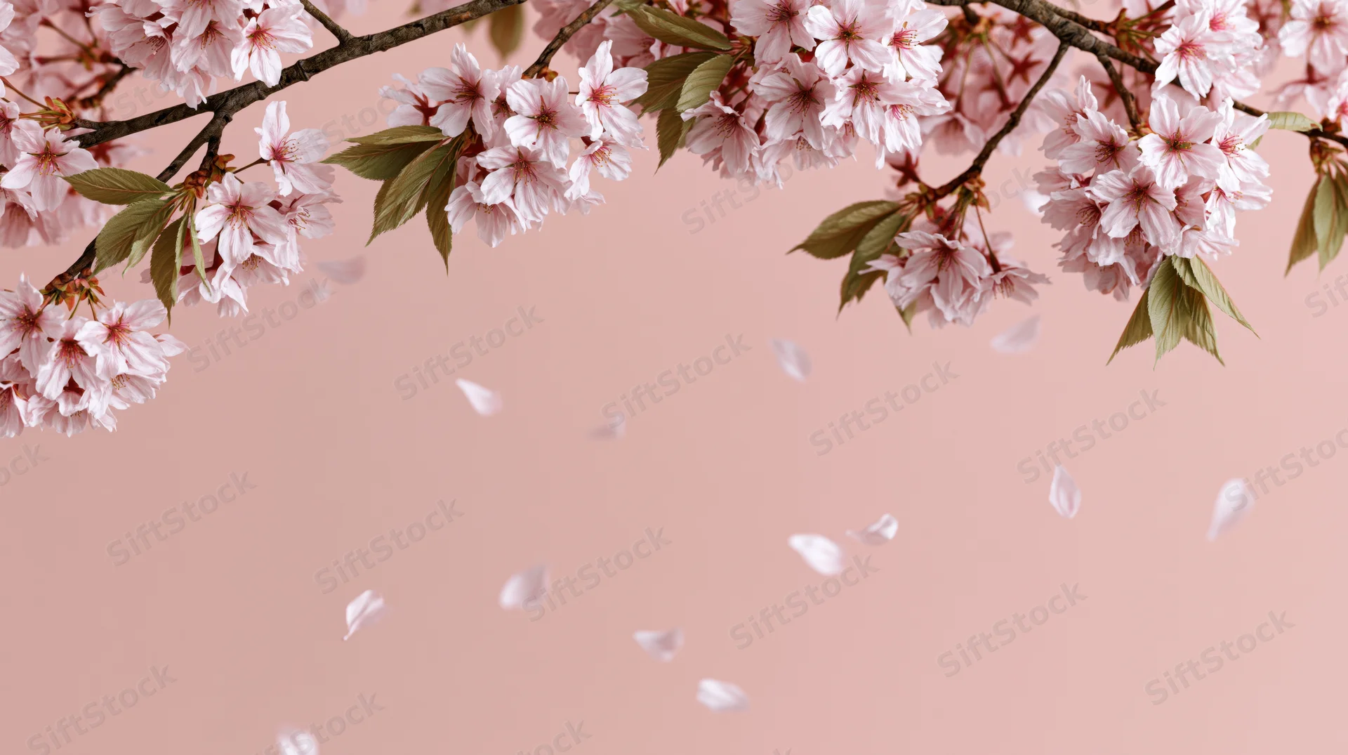Cherry blossom branches arching across the top with petals falling against a soft pink background