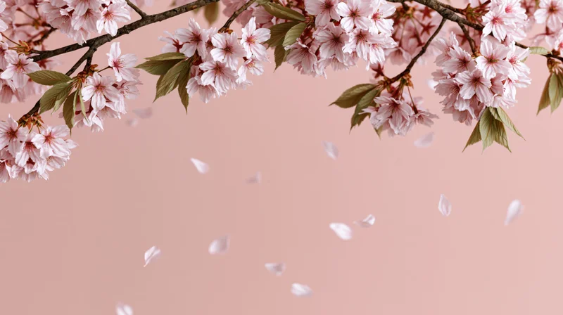 Cherry blossom branches arching across the top with petals falling against a soft pink background