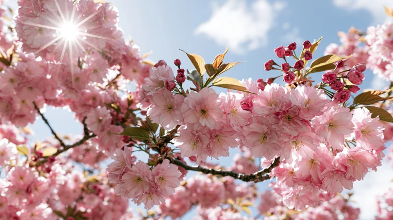 Cherry blossom branches in full bloom against a bright blue sky with sun shining through petals
