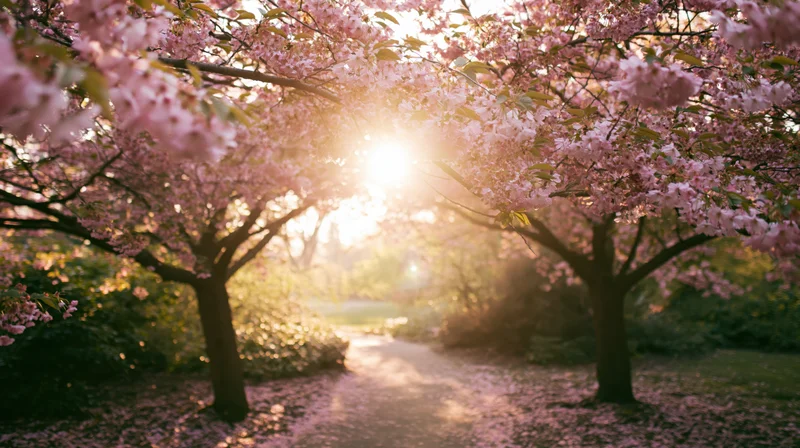 Cherry blossom trees in full bloom arching over a pathway in a park at sunrise