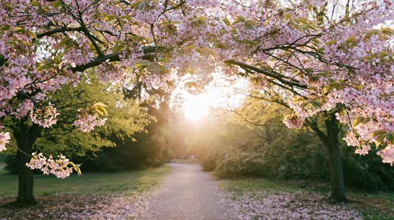 Cherry blossom branches in full bloom arching over a quiet park pathway at sunrise