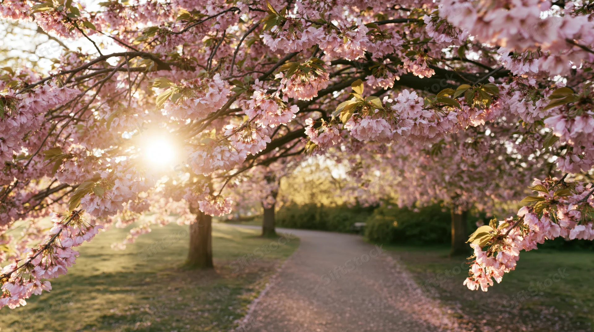 Cherry blossom branches in full bloom arching over a quiet park pathway at sunrise