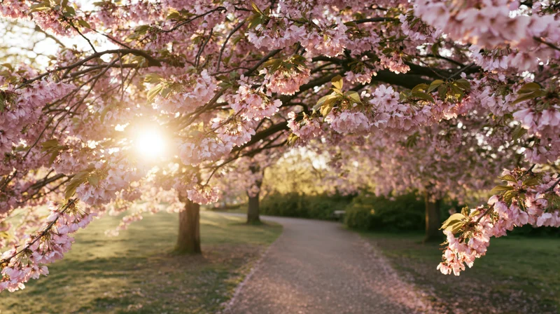Cherry blossom branches in full bloom arching over a quiet park pathway at sunrise