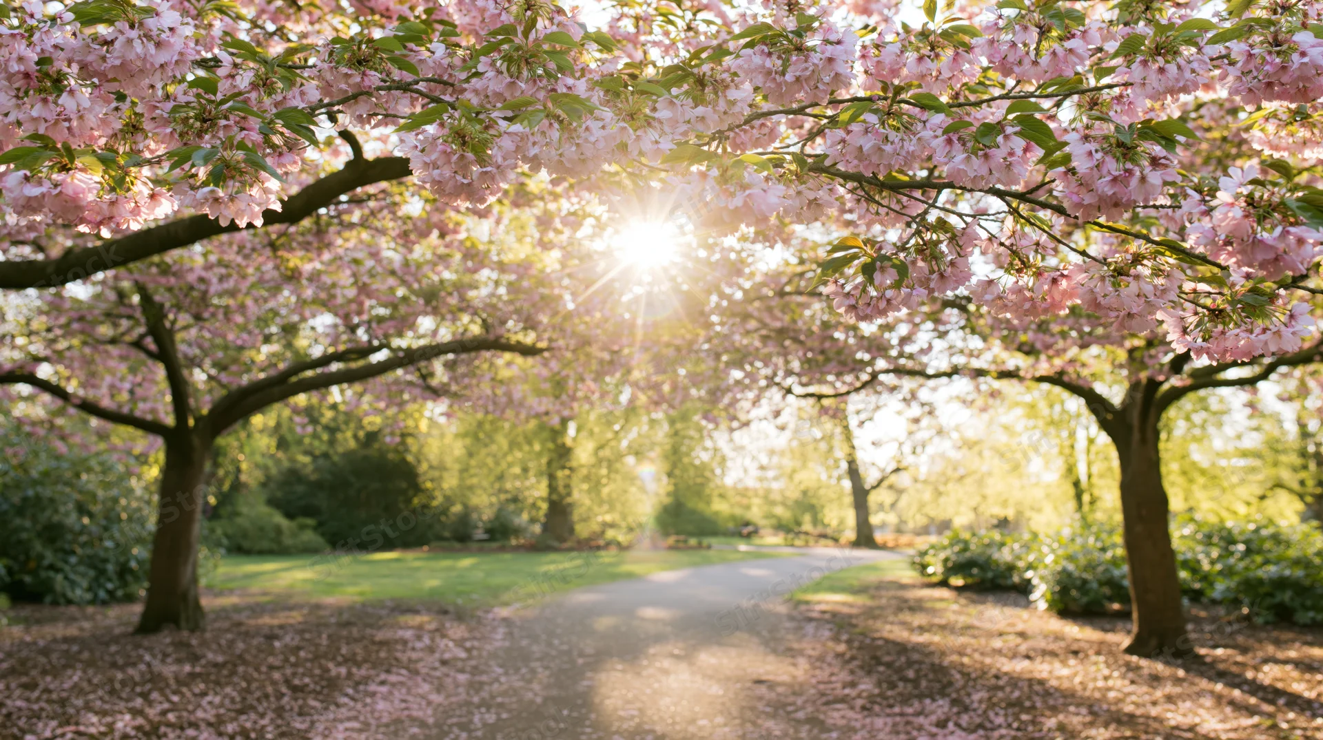 Cherry blossom branches in full bloom arching over a quiet park pathway with sunlight filtering through the canopy