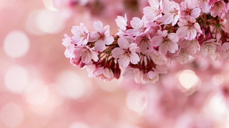 Cherry blossom branch in full bloom against a soft pink bokeh background